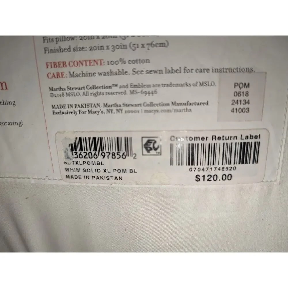 Whim by Martha Stewart TWIN XL Sheet Set Solid Hem WHITE/POM BLUE D9Z107